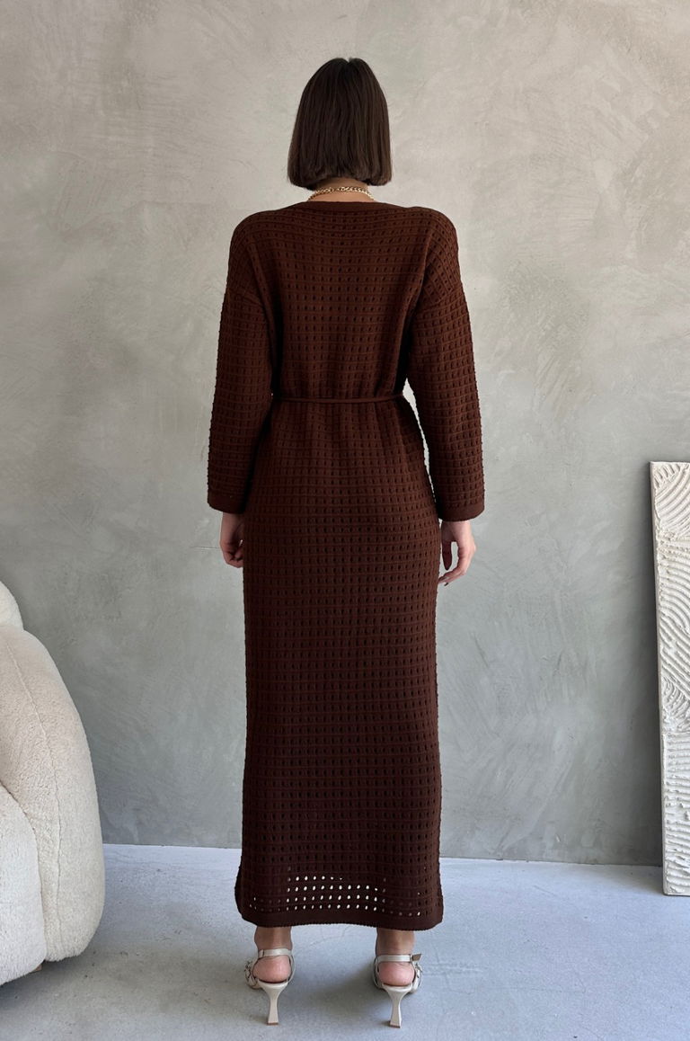 Ajurlu Astarlı Bağcıklı Triko Elbise - 27711-KAHVE - TOFİSA