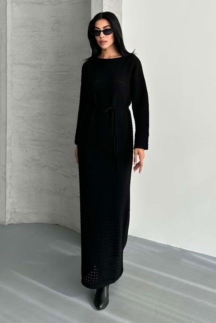 Ajurlu Astarlı Bağcıklı Triko Elbise - 27711-SIYAH - TOFİSA