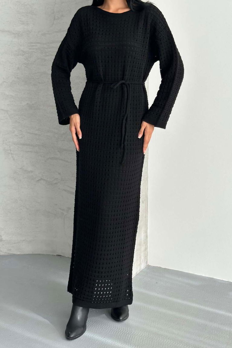 Ajurlu Astarlı Bağcıklı Triko Elbise - 27711-SIYAH - TOFİSA