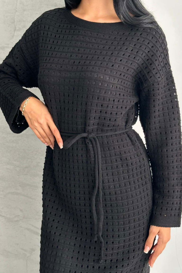 Ajurlu Astarlı Bağcıklı Triko Elbise - 27711-SIYAH - TOFİSA