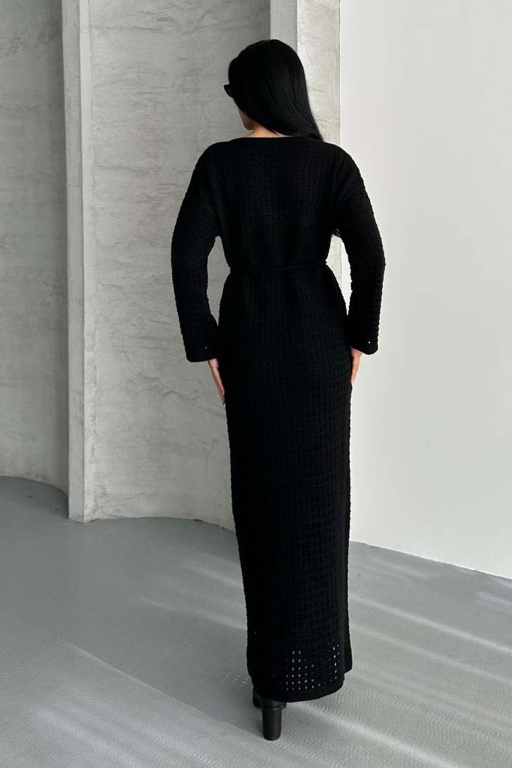 Ajurlu Astarlı Bağcıklı Triko Elbise - 27711-SIYAH - TOFİSA