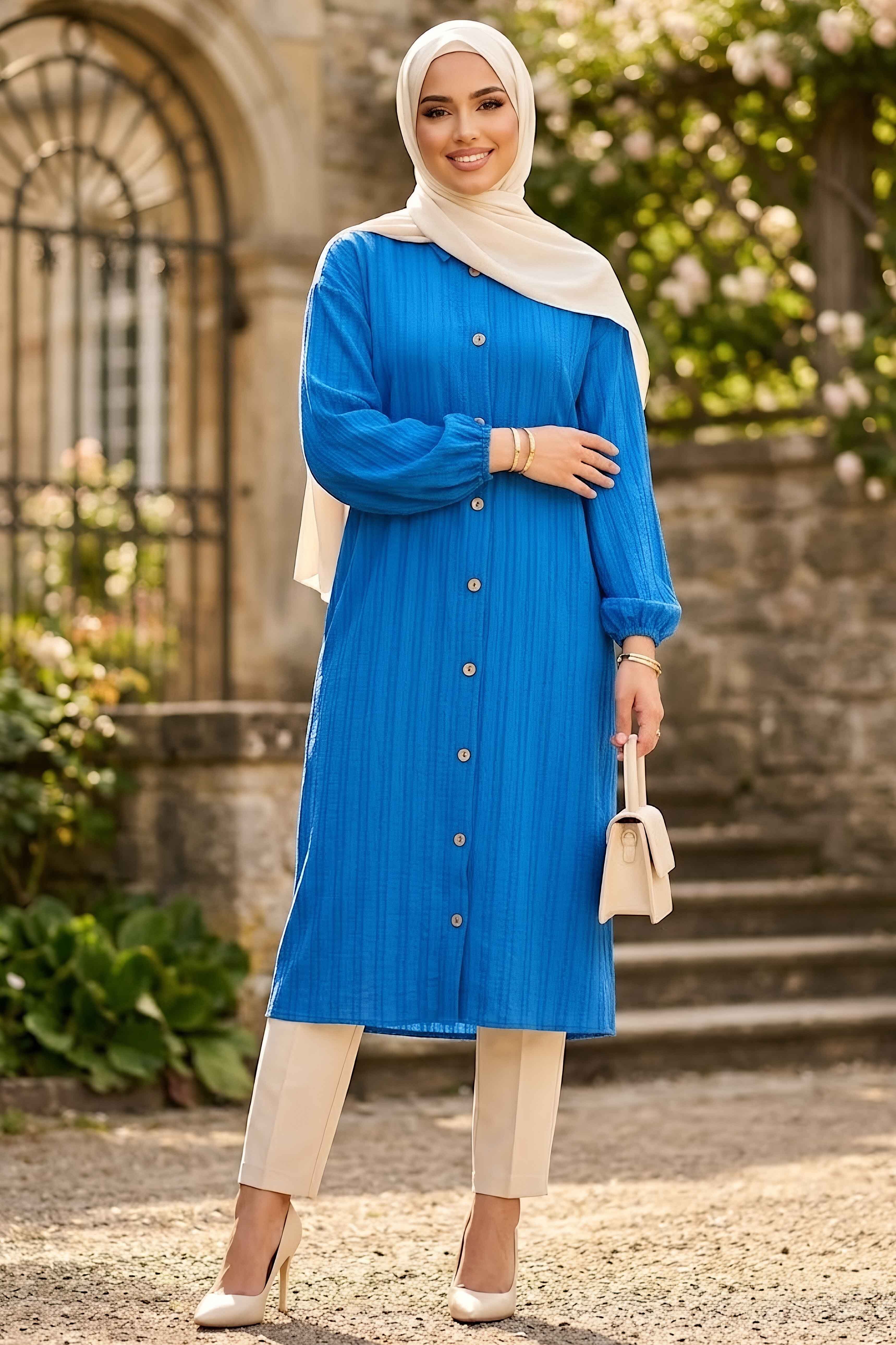 Ahşap Düğmeli Tunik Saks - 28826-SAKS - 1