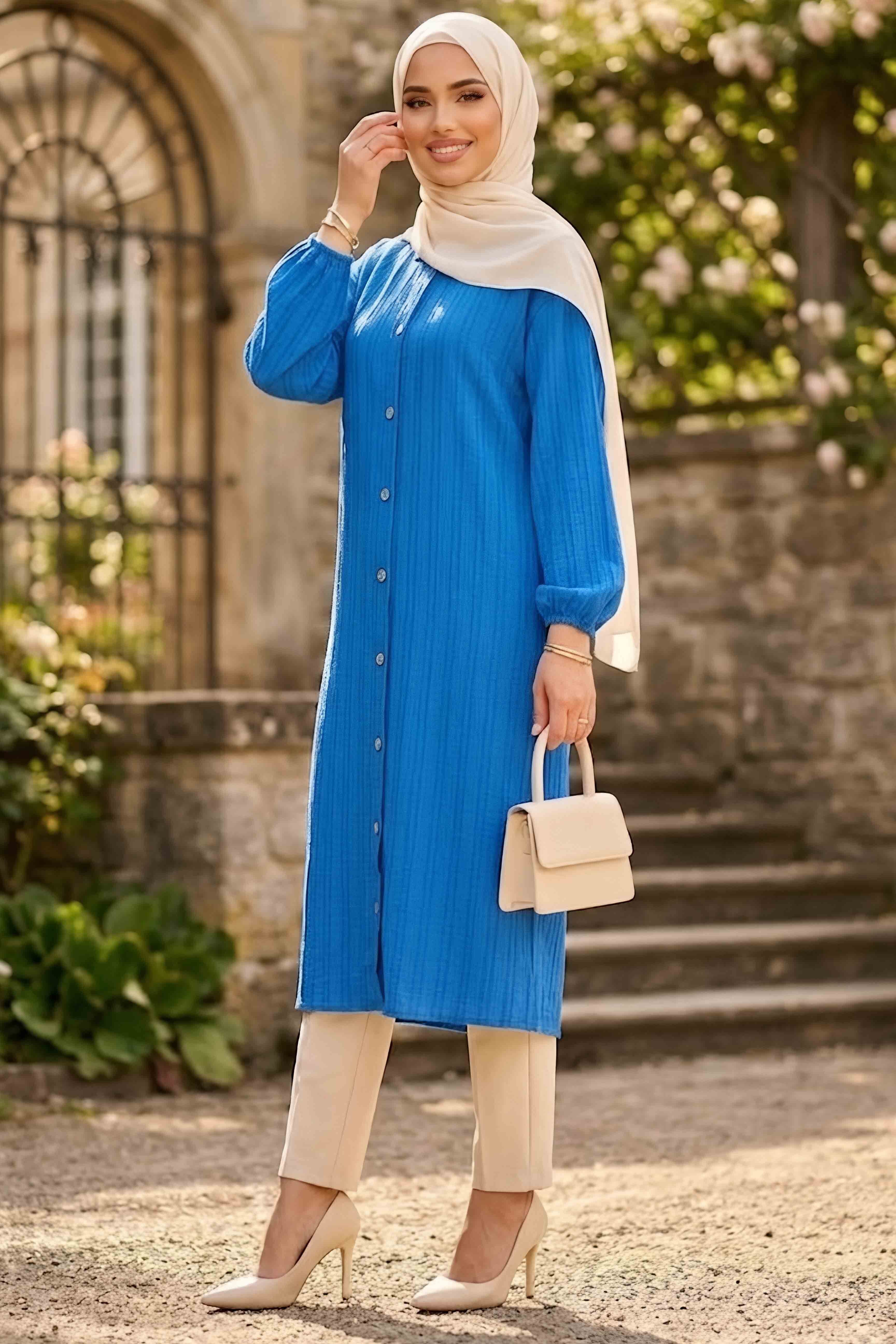 Ahşap Düğmeli Tunik Saks - 28826-SAKS - 2
