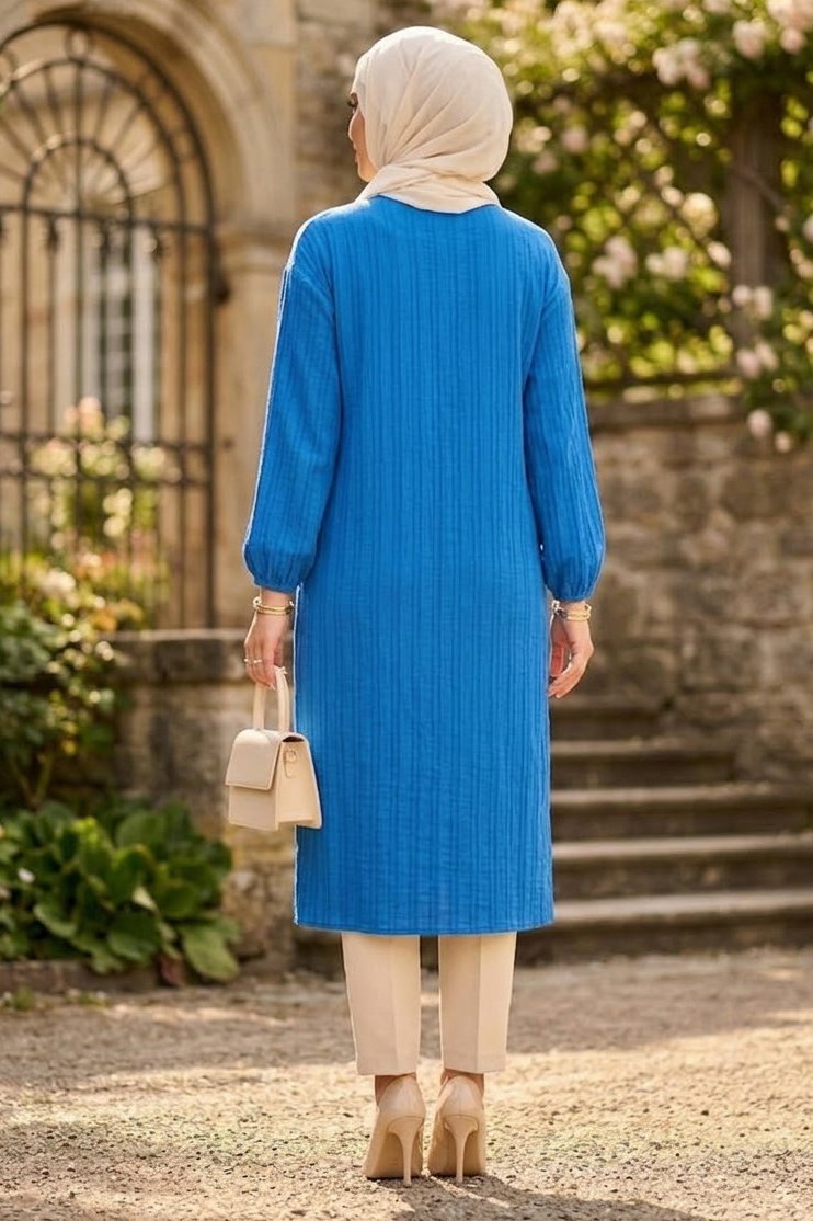 Ahşap Düğmeli Tunik Saks - 28826-SAKS - 3