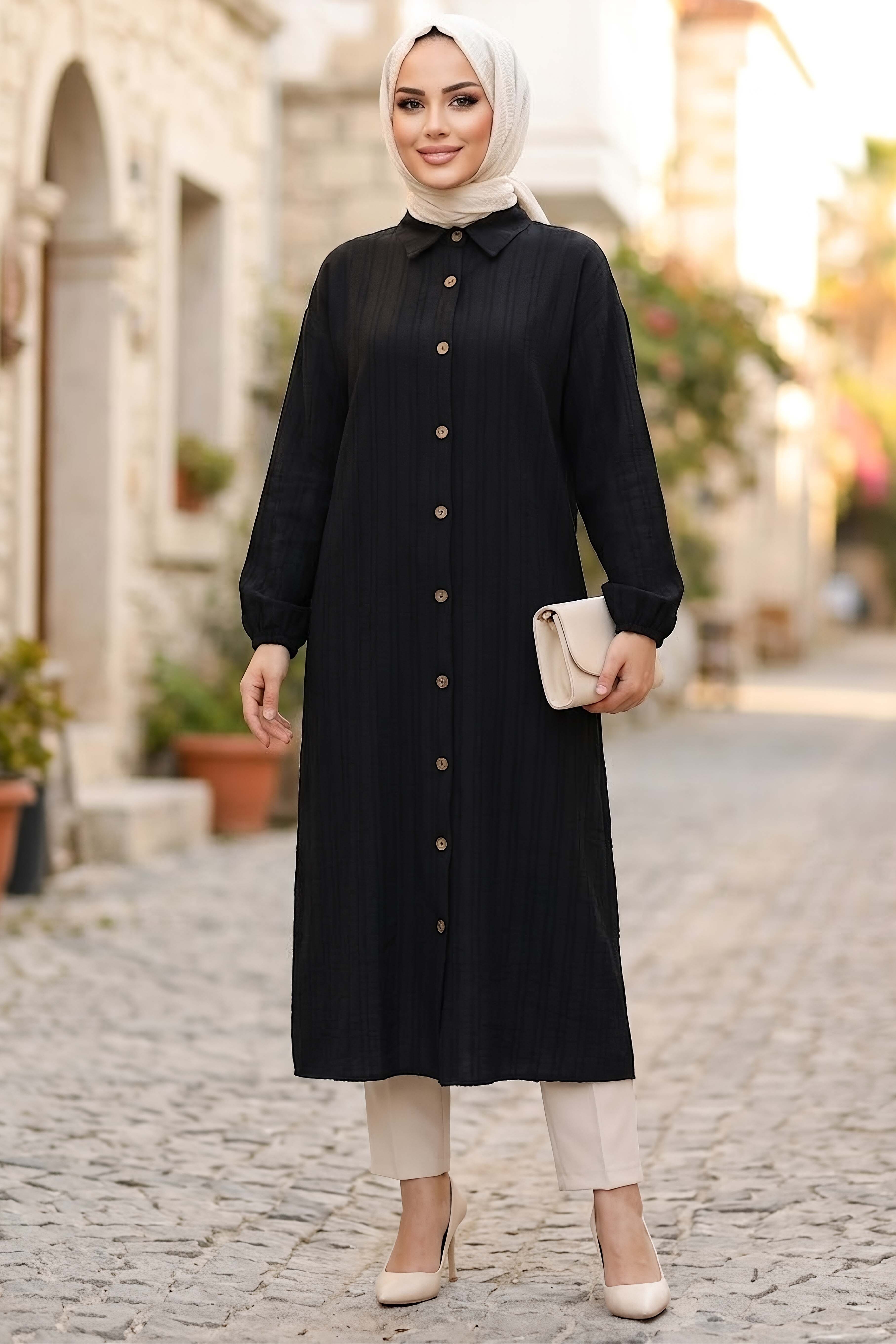 Ahşap Düğmeli Tunik Siyah - 28826-SIYAH - 1