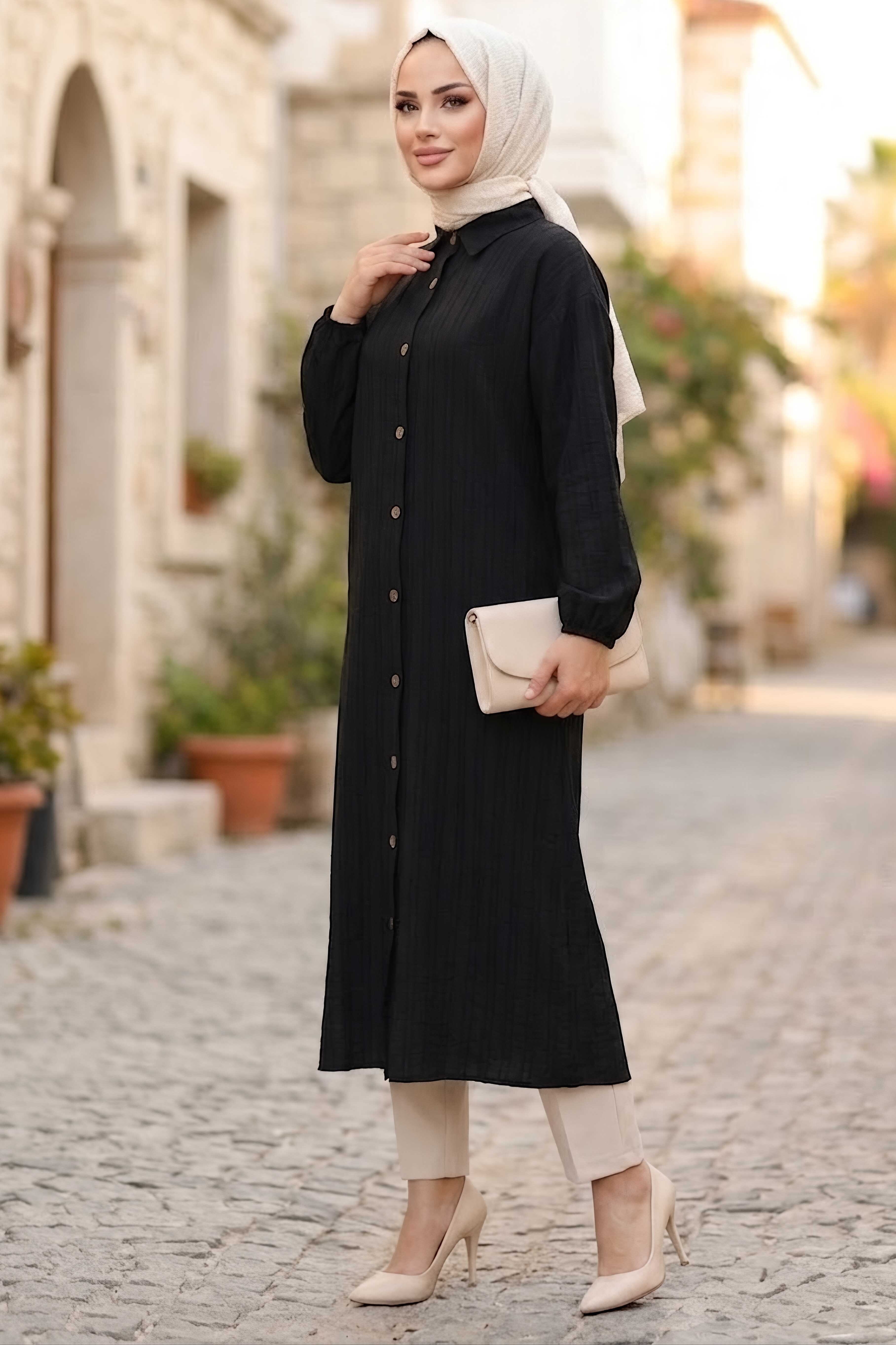 Ahşap Düğmeli Tunik Siyah - 28826-SIYAH - 2