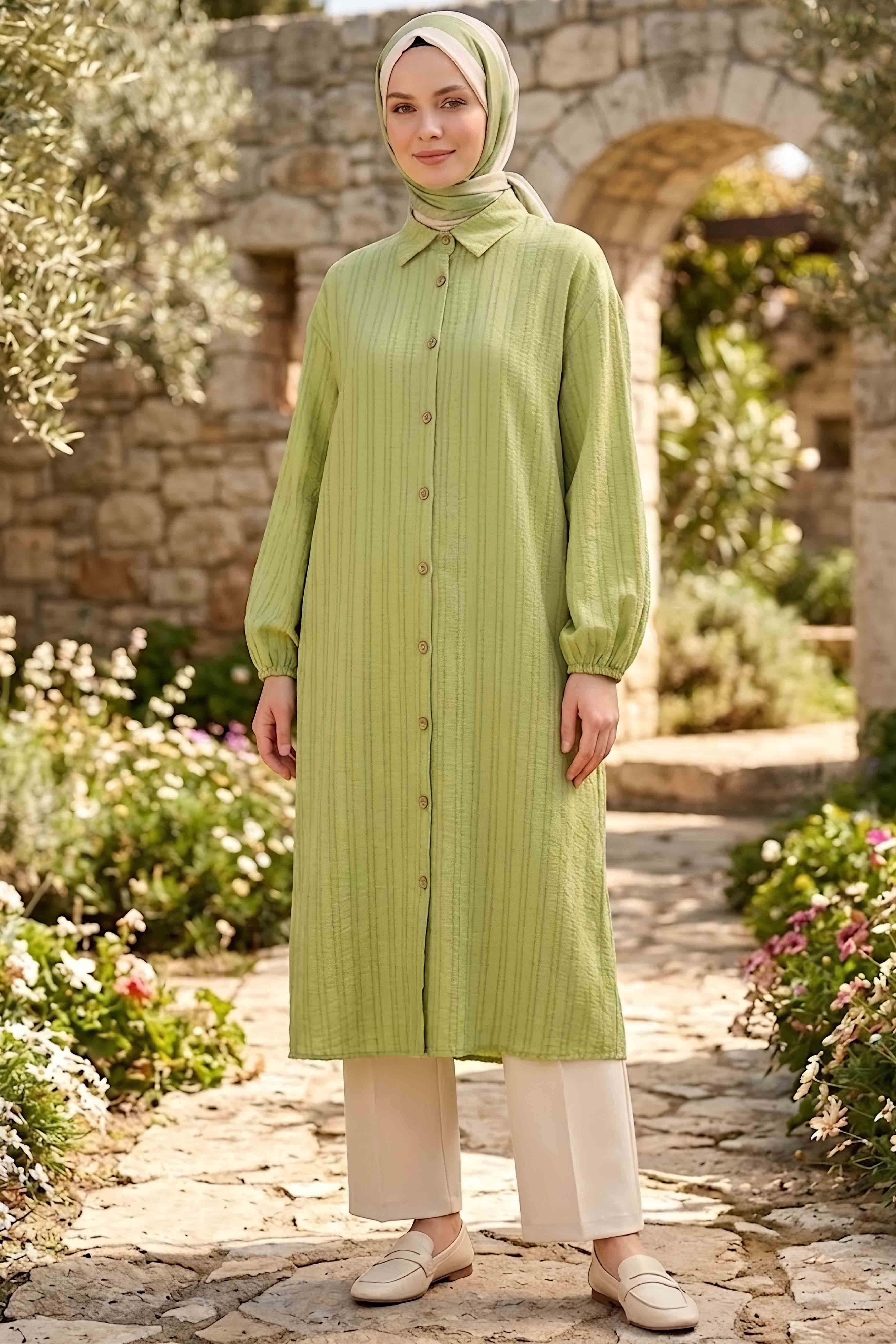 Ahşap Düğmeli Tunik Yesil - 28826-YESIL - 1