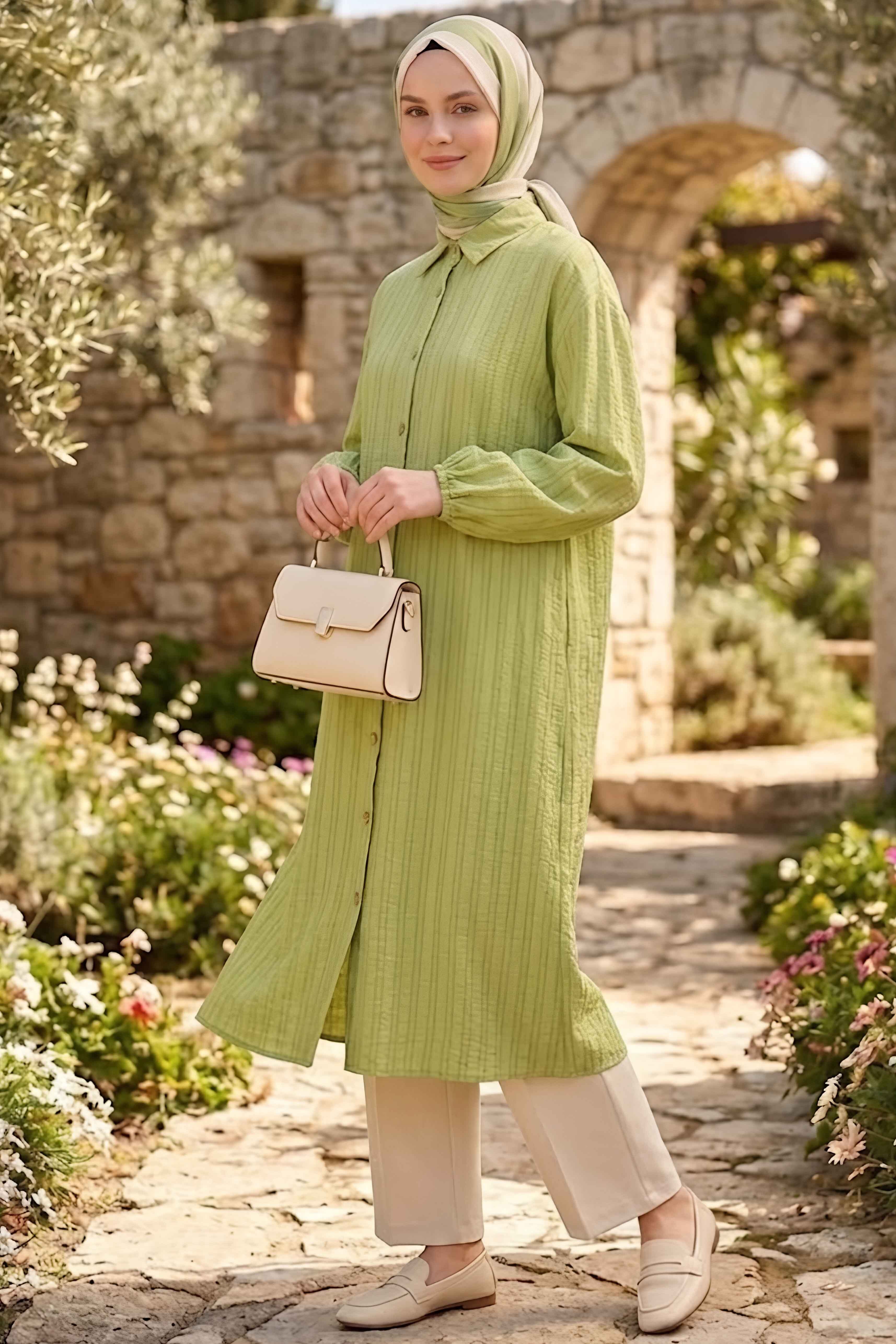 Ahşap Düğmeli Tunik Yesil - 28826-YESIL - 2