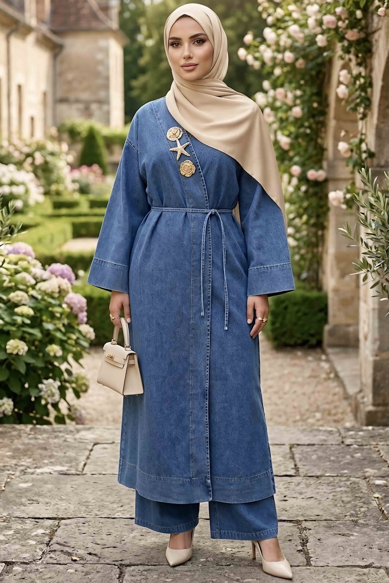 Aksesuarlı Kot Kimono Takım Buz Mavi - 29027-BUZ-MAVI - 1