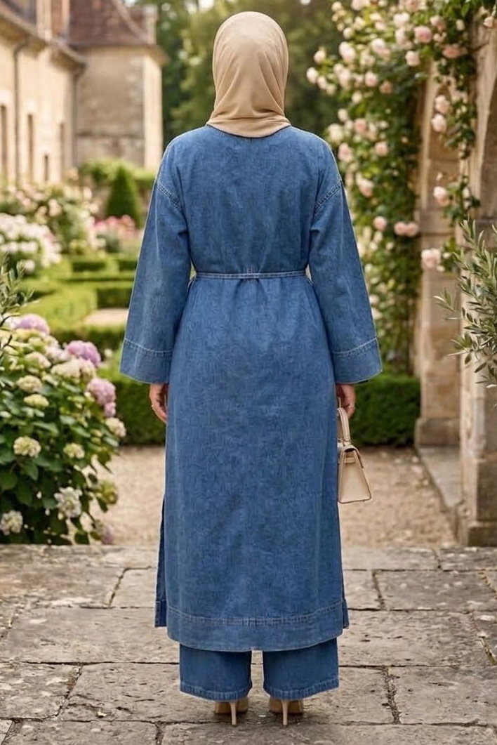 Aksesuarlı Kot Kimono Takım Buz Mavi - 29027-BUZ-MAVI - 4