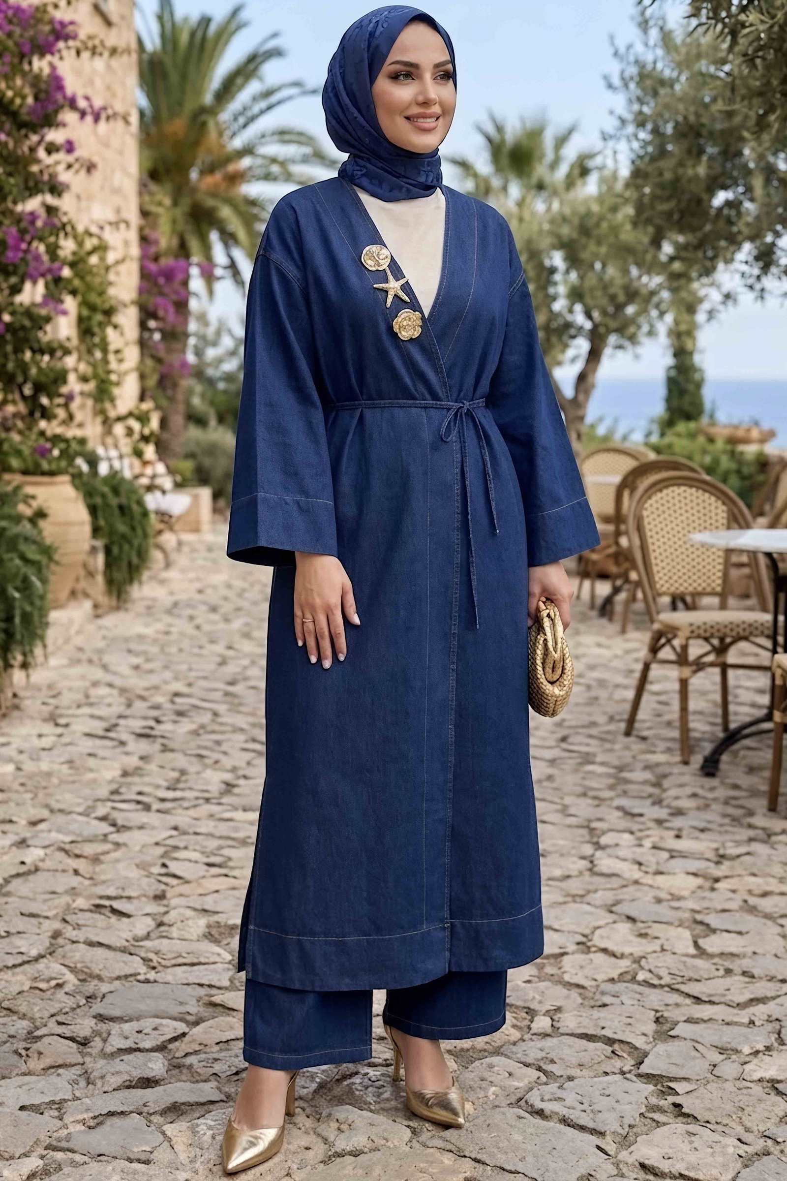 Aksesuarlı Kot Kimono Takım Lacivert - 29027-LACIVERT - 1