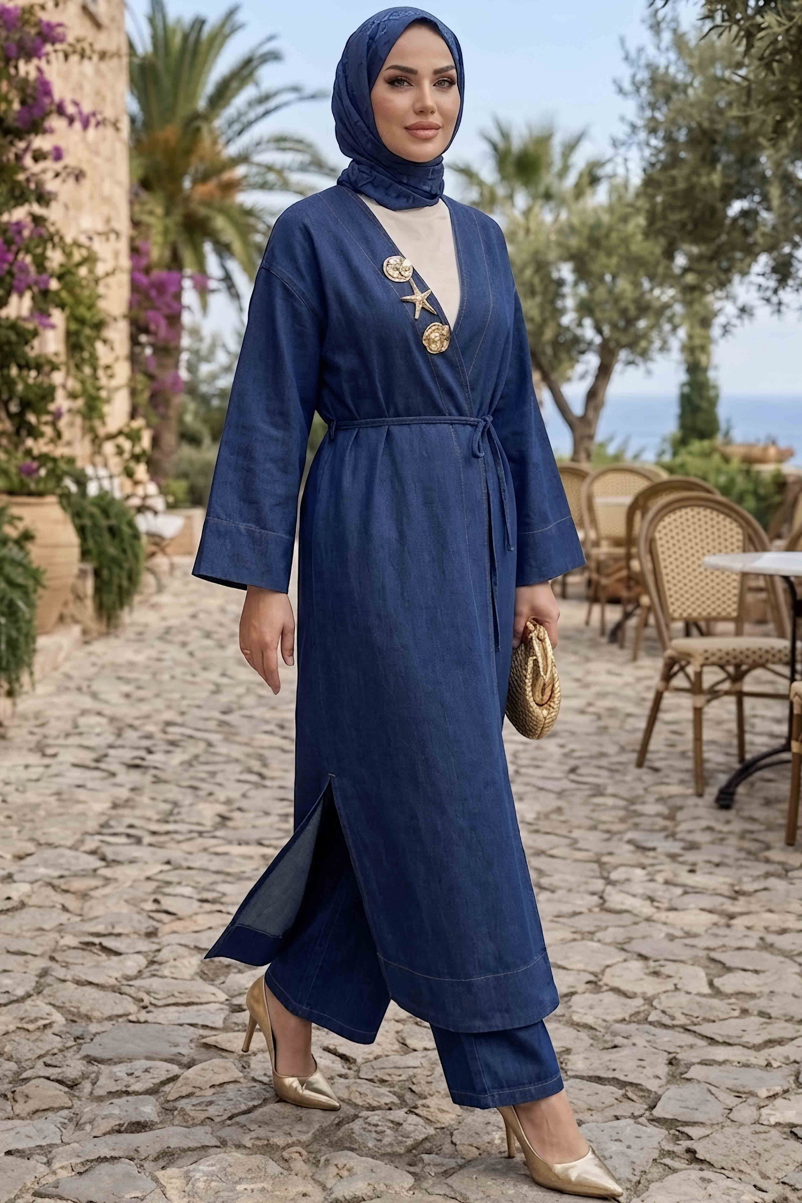Aksesuarlı Kot Kimono Takım Lacivert - 29027-LACIVERT - 2