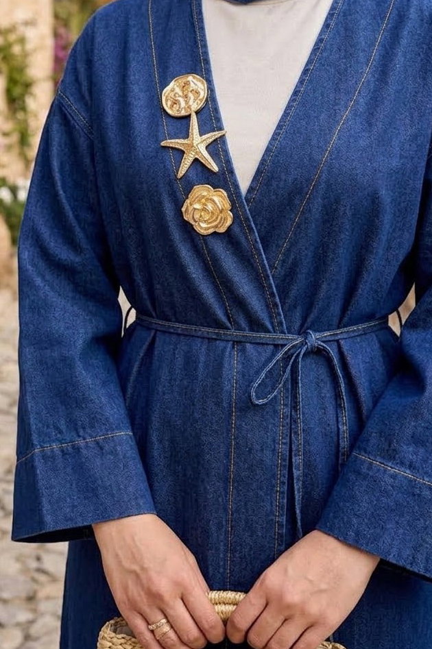 Aksesuarlı Kot Kimono Takım Lacivert - 29027-LACIVERT - 3