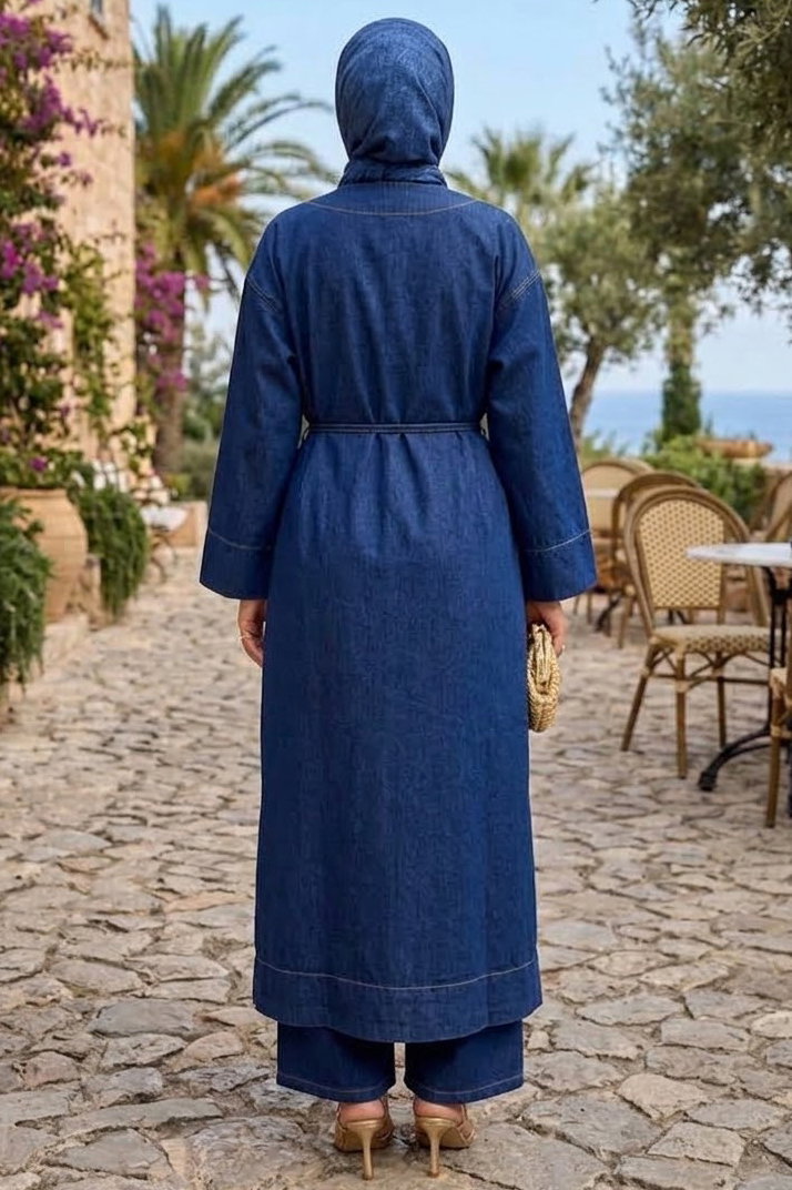 Aksesuarlı Kot Kimono Takım Lacivert - 29027-LACIVERT - 4