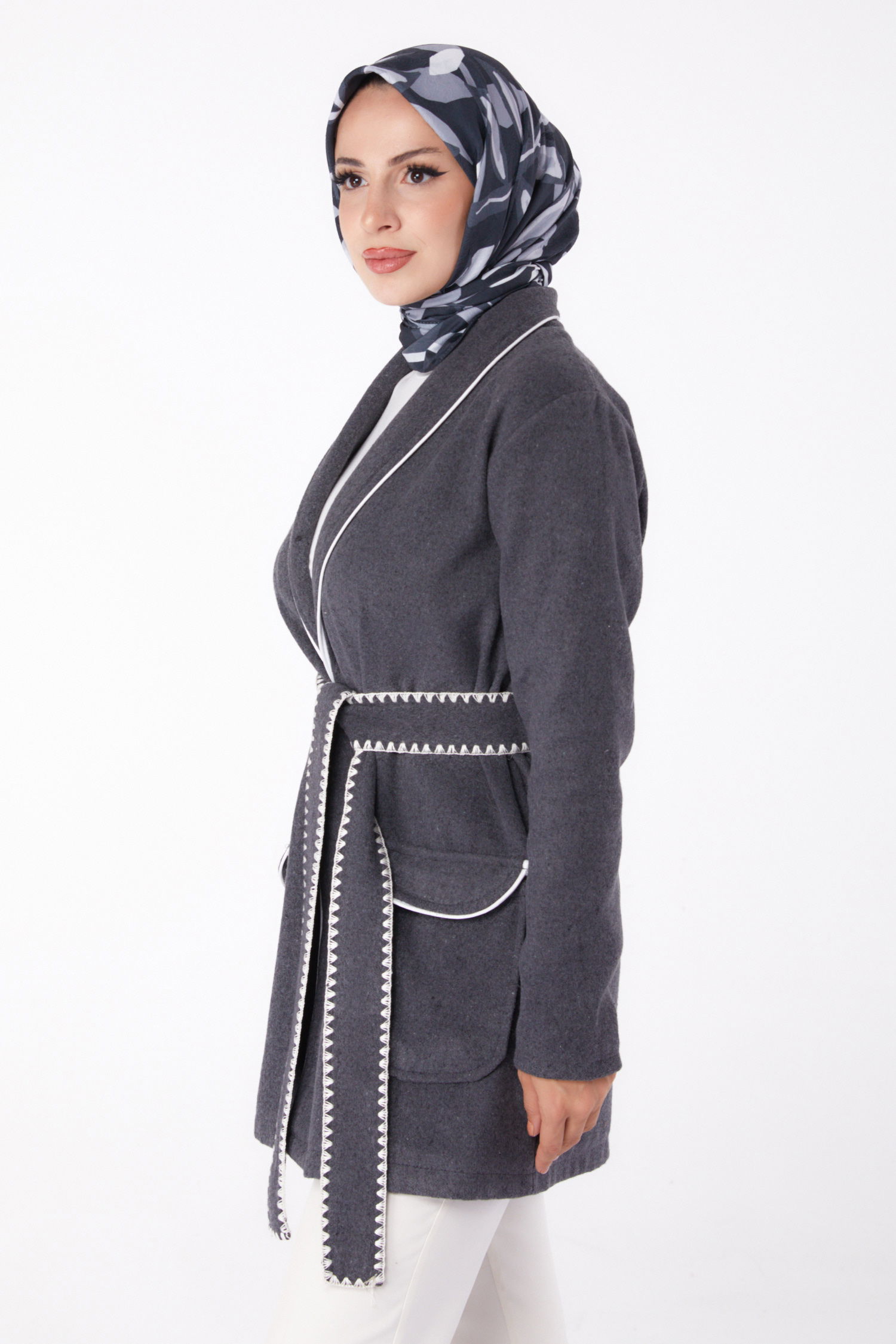 Ara biye Detaylı Kaşe Kaban - 27747-ANTRASIT - 3