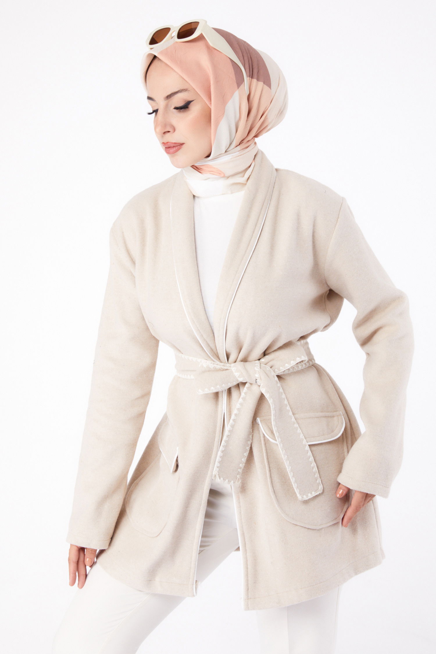 Ara biye Detaylı Kaşe Kaban - 27747-BEJ - 3