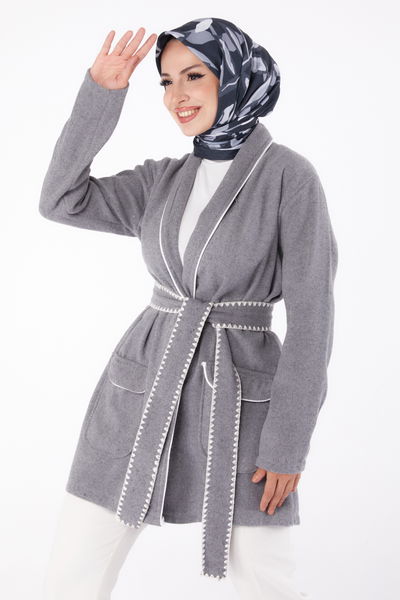 Ara biye Detaylı Kaşe Kaban - 27747-GRI 