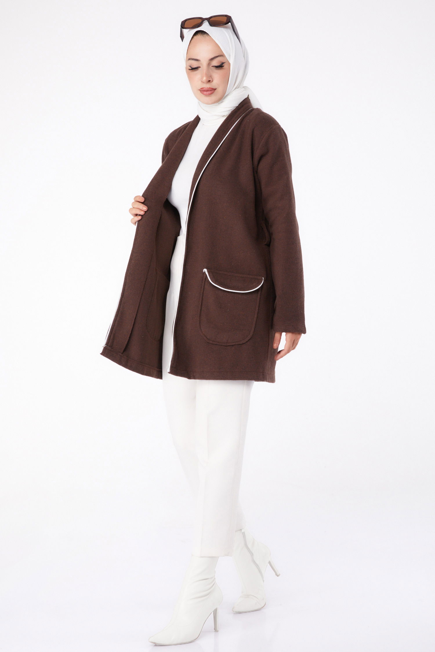 Ara biye Detaylı Kaşe Kaban - 27747-KAHVE - 2