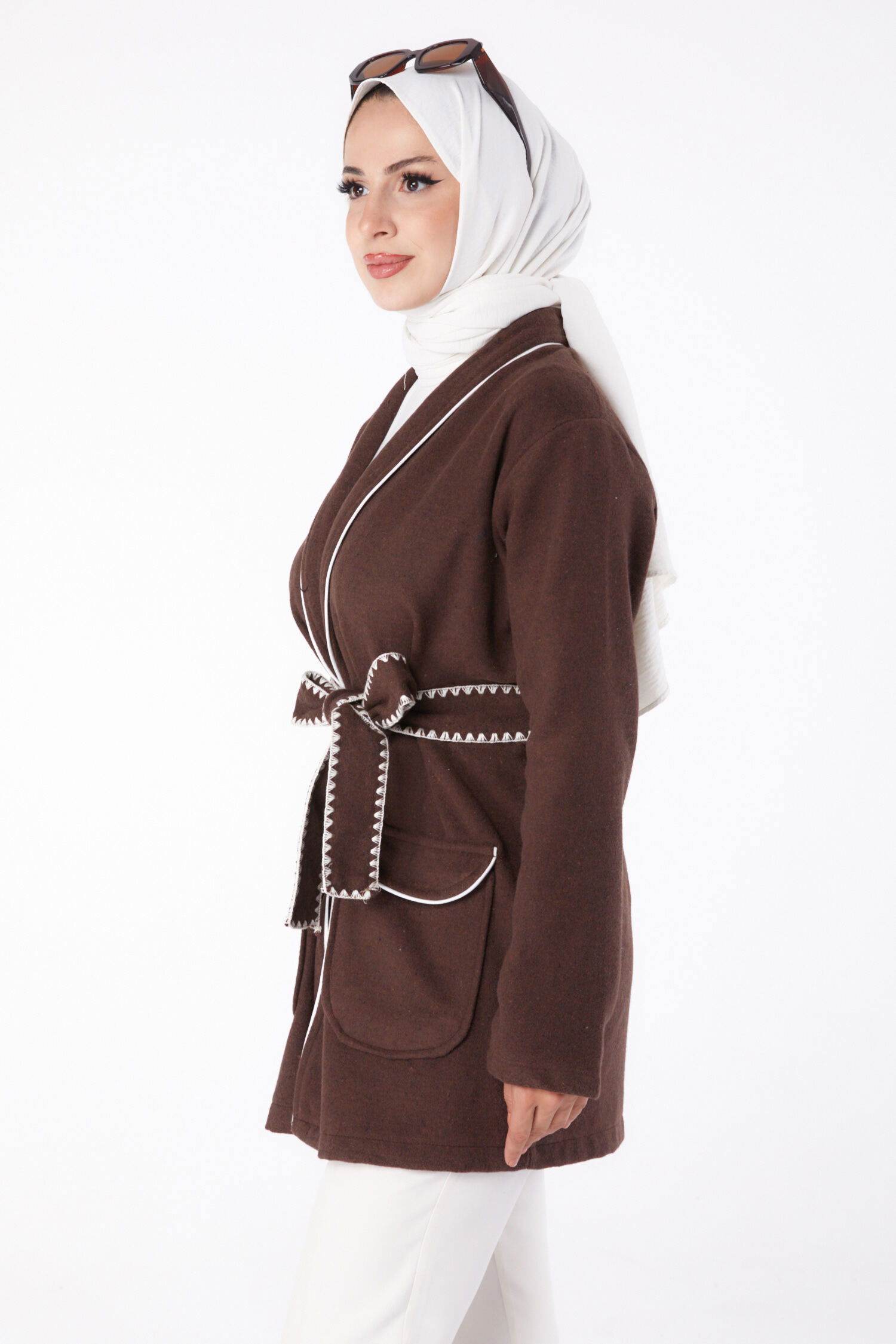 Ara biye Detaylı Kaşe Kaban - 27747-KAHVE - 3