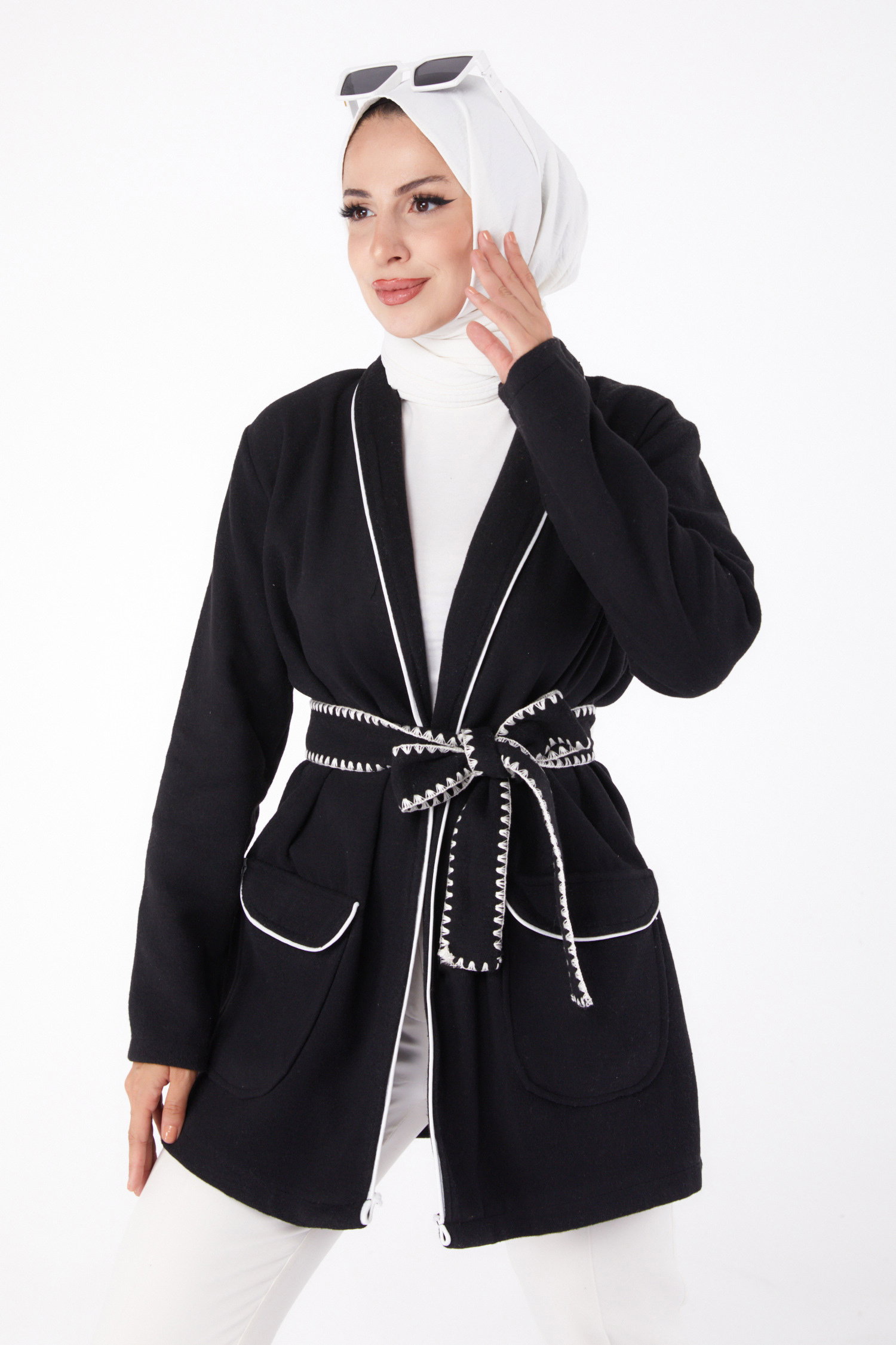 Ara biye Detaylı Kaşe Kaban - 27747-SIYAH - 3