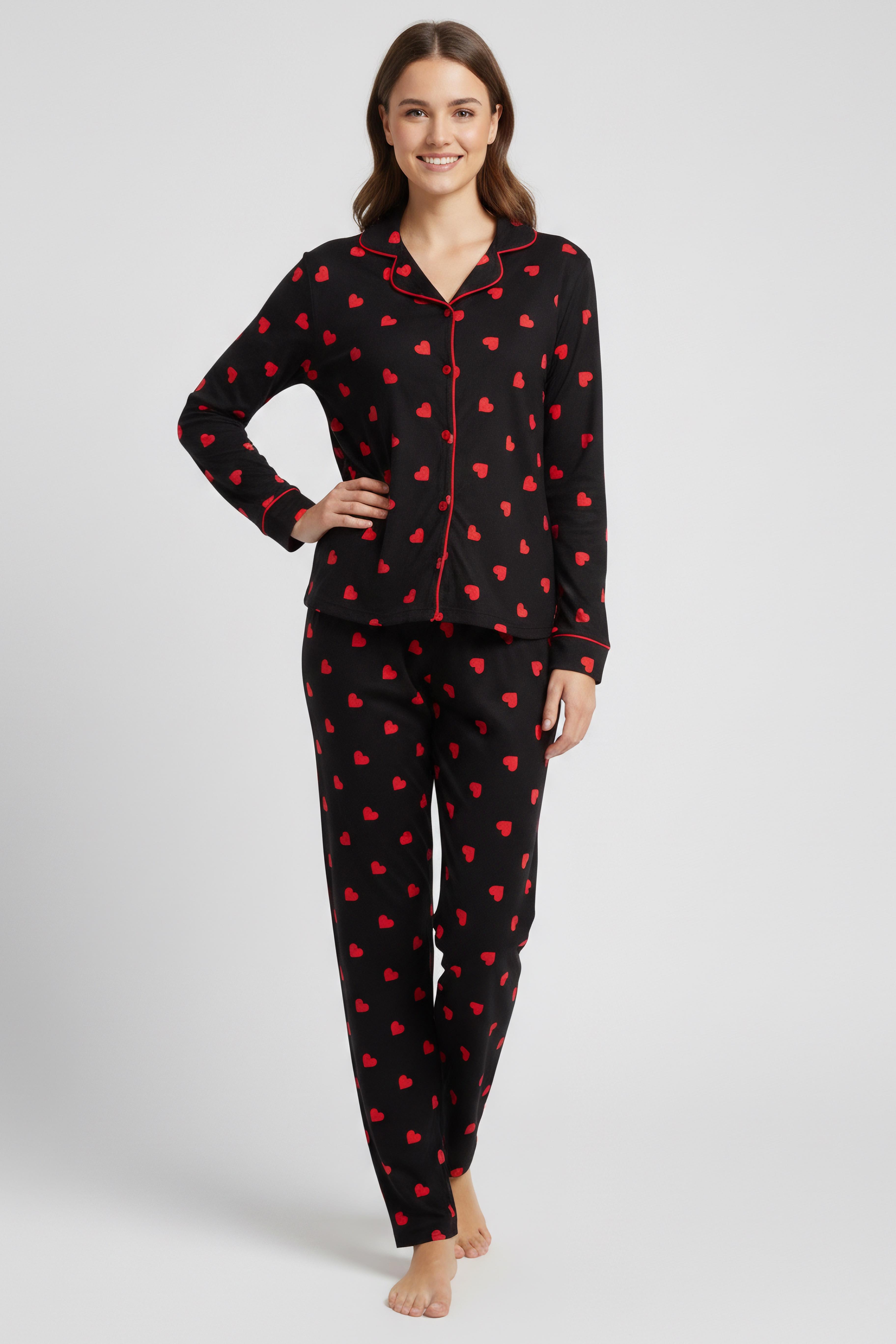 Ara Biyeli Baskılı Süet Pijama Takımı - 28083-SIYAH - 1