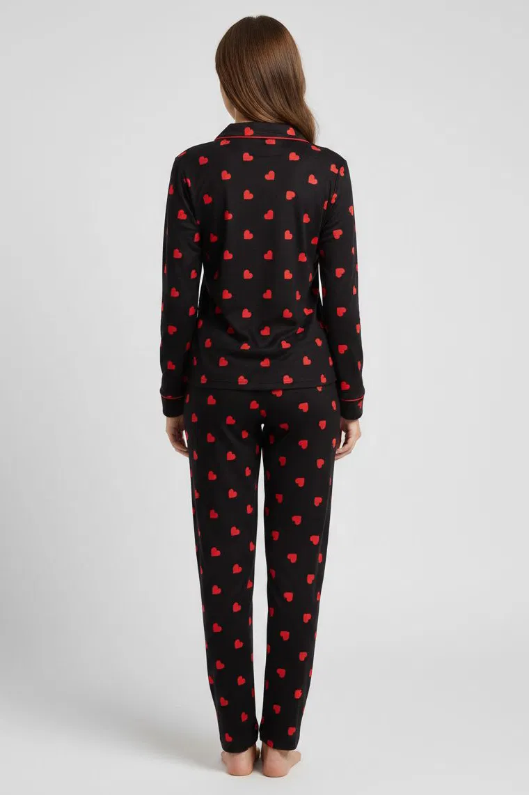 Ara Biyeli Baskılı Süet Pijama Takımı - 28083-SIYAH - TOFİSA