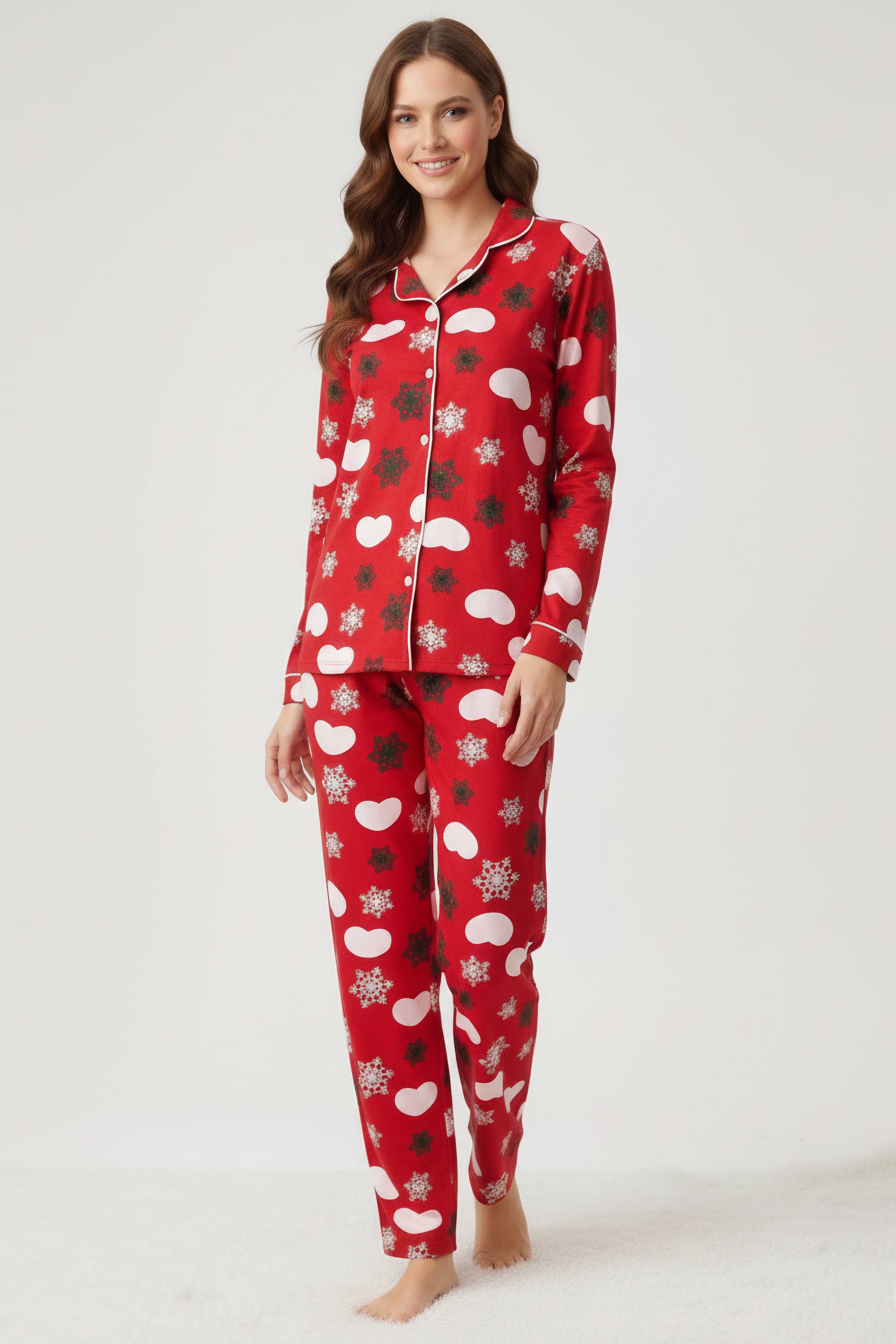 Ara Biyeli Baskılı Süet Pijama Takımı - 28084-KIRMIZI - 1