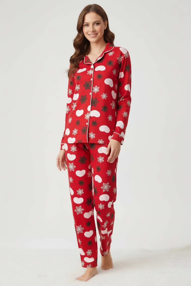 Ara Biyeli Baskılı Süet Pijama Takımı - 28084-KIRMIZI - TOFİSA