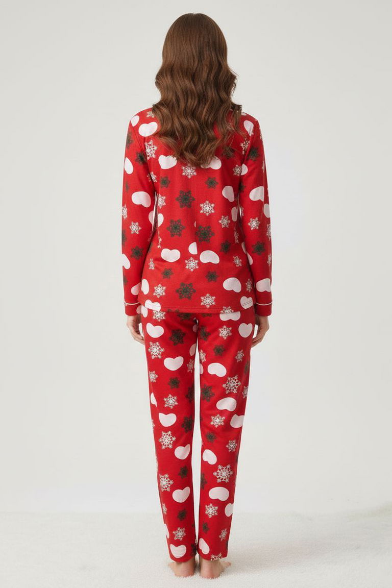 Ara Biyeli Baskılı Süet Pijama Takımı - 28084-KIRMIZI - TOFİSA