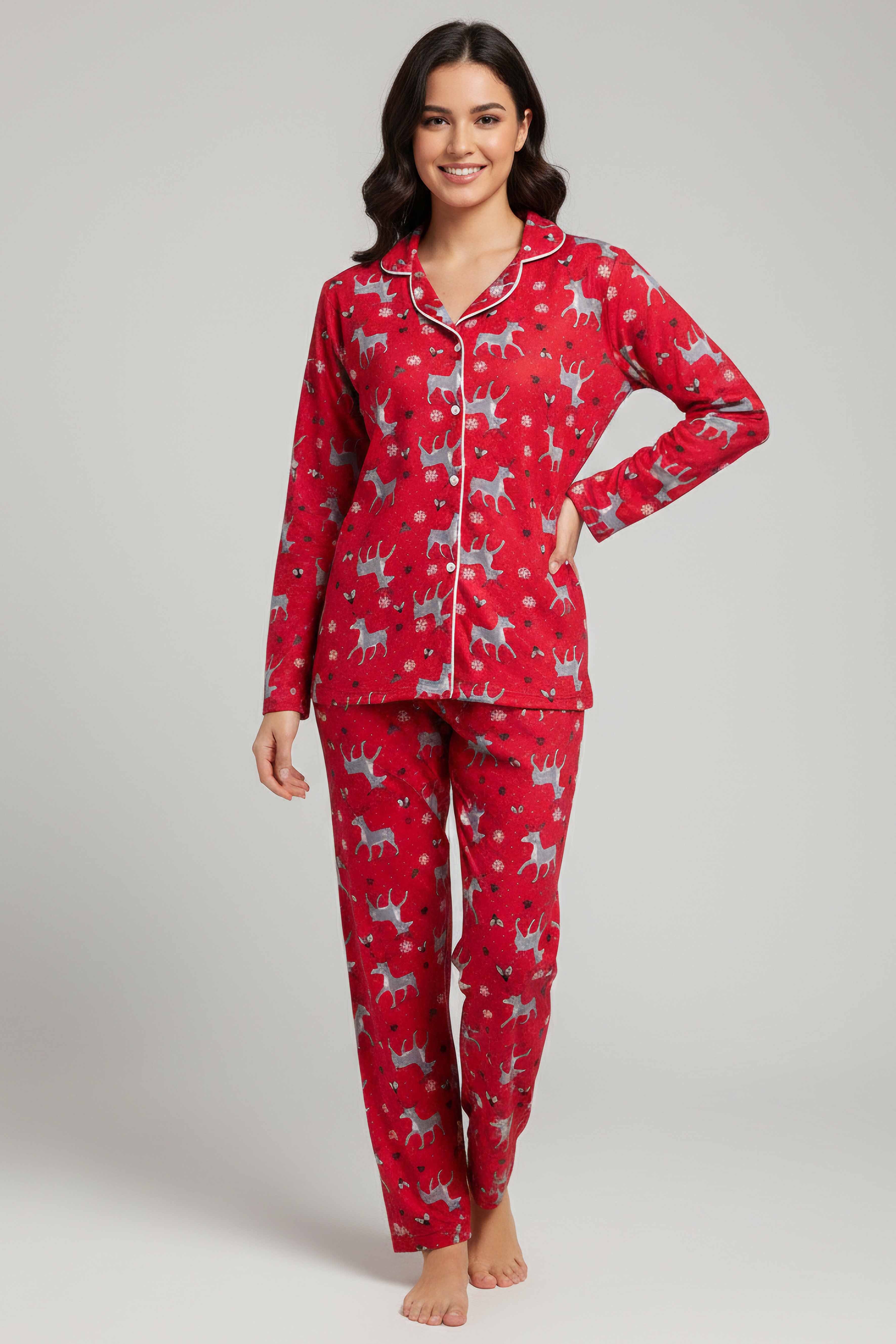 Ara Biyeli Baskılı Süet Pijama Takımı - 28085-KIRMIZI - 1