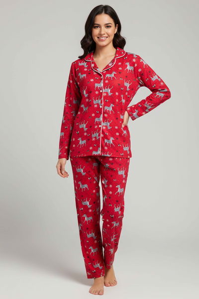 Ara Biyeli Baskılı Süet Pijama Takımı - 28085-KIRMIZI 