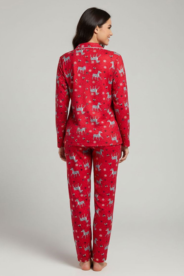 Ara Biyeli Baskılı Süet Pijama Takımı - 28085-KIRMIZI - 2