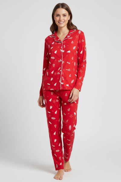 Ara Biyeli Baskılı Süet Pijama Takımı - 28086-KIRMIZI 