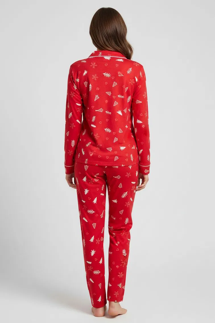 Ara Biyeli Baskılı Süet Pijama Takımı - 28086-KIRMIZI - 2