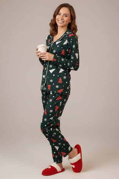 Ara Biyeli Baskılı Süet Pijama Takımı - 28087-ZUMRUT 