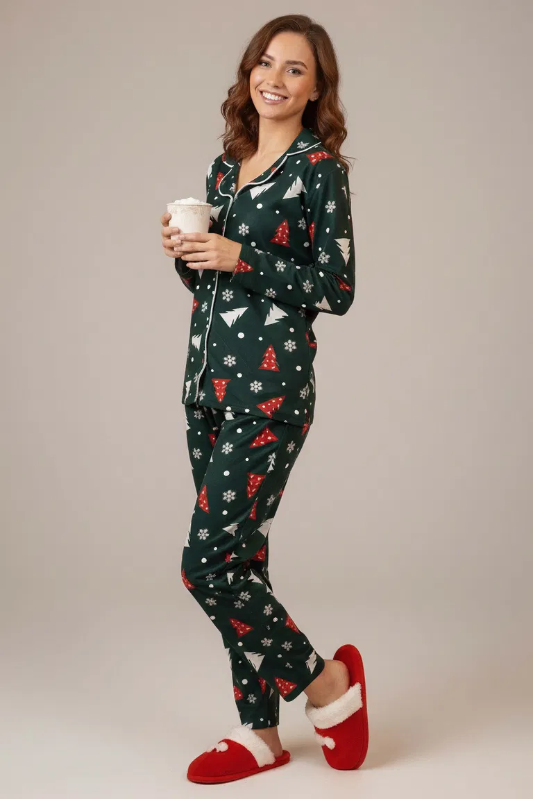 Ara Biyeli Baskılı Süet Pijama Takımı - 28087-ZUMRUT - TOFİSA