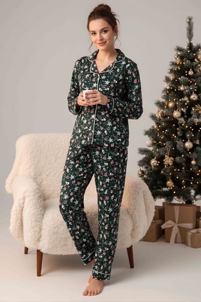 Ara Biyeli Baskılı Süet Pijama Takımı - 28088-ZUMRUT 