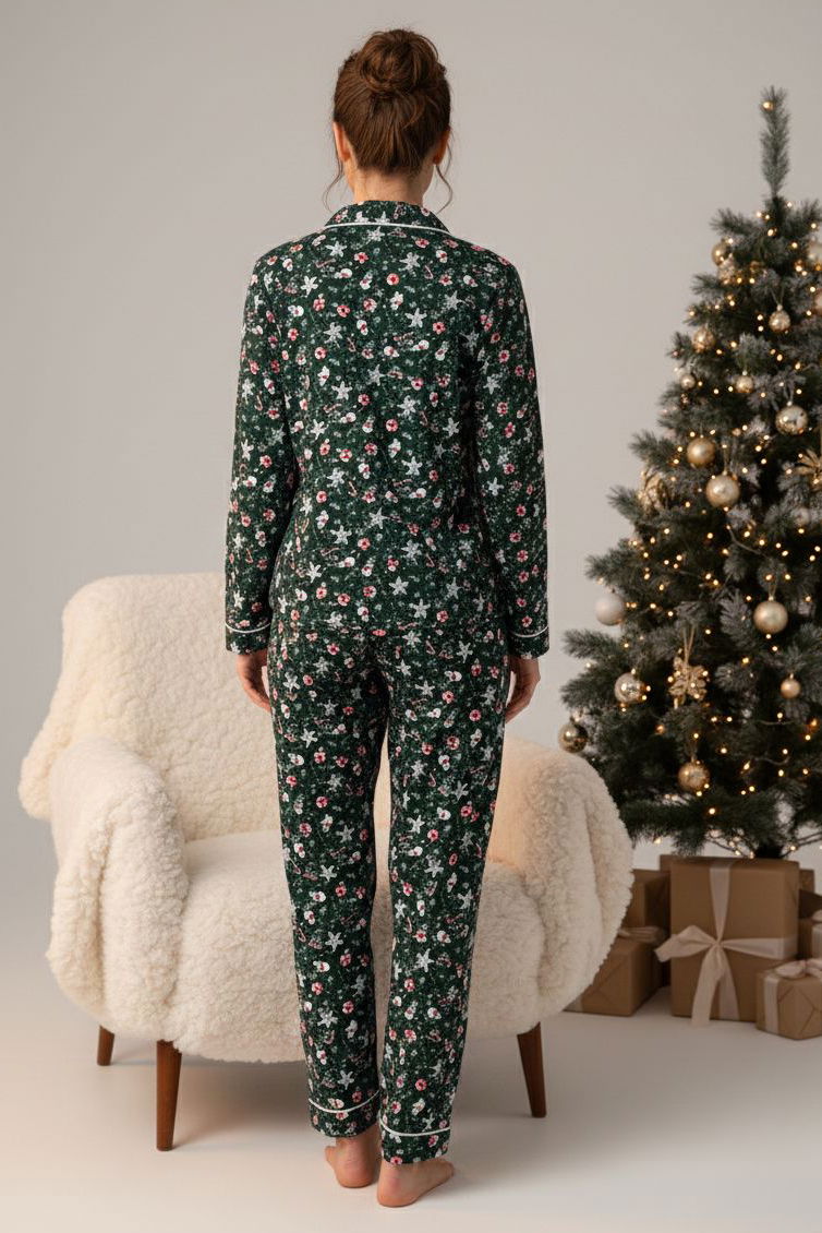 Ara Biyeli Baskılı Süet Pijama Takımı - 28088-ZUMRUT - 2