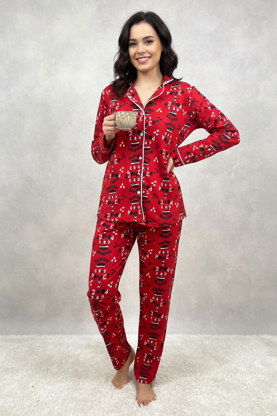 Ara Biyeli Baskılı Süet Pijama Takımı - 28178-KIRMIZI - 1