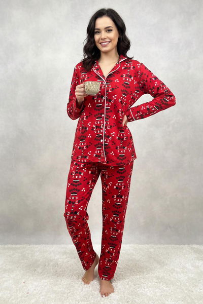 Ara Biyeli Baskılı Süet Pijama Takımı - 28178-KIRMIZI 