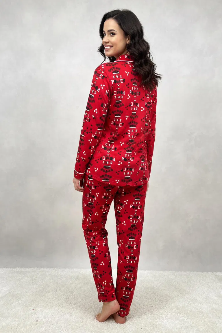 Ara Biyeli Baskılı Süet Pijama Takımı - 28178-KIRMIZI - TOFİSA