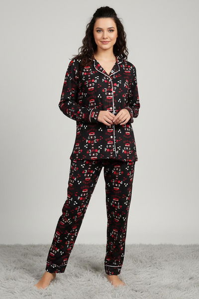 Ara Biyeli Baskılı Süet Pijama Takımı - 28178-SIYAH 