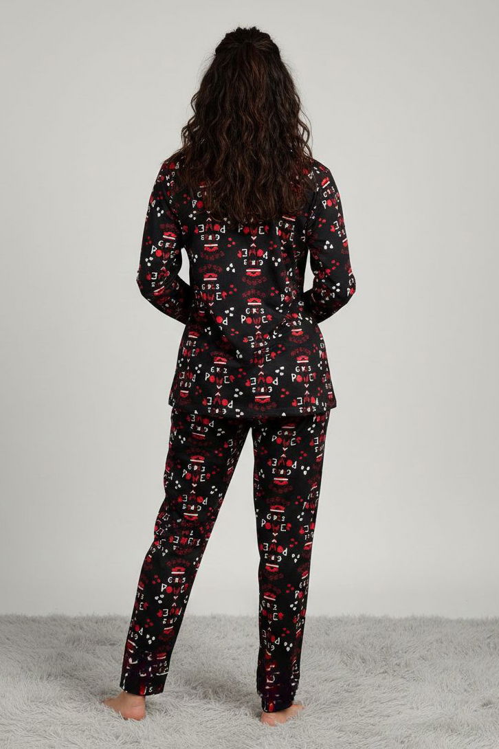 Ara Biyeli Baskılı Süet Pijama Takımı - 28178-SIYAH - 2