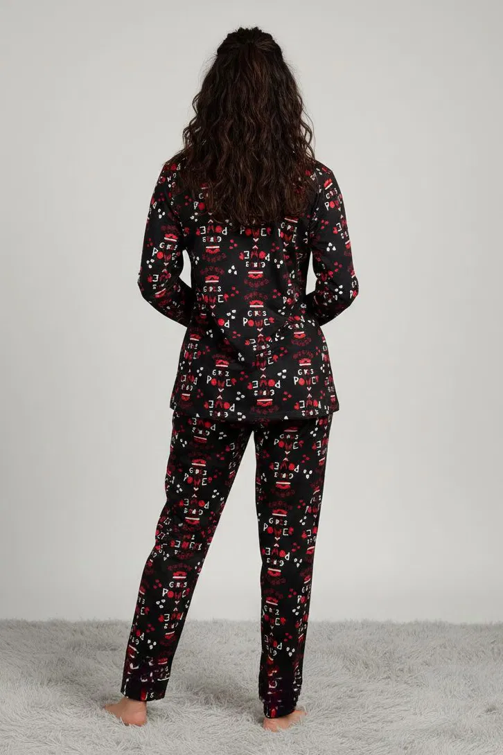 Ara Biyeli Baskılı Süet Pijama Takımı - 28178-SIYAH - TOFİSA