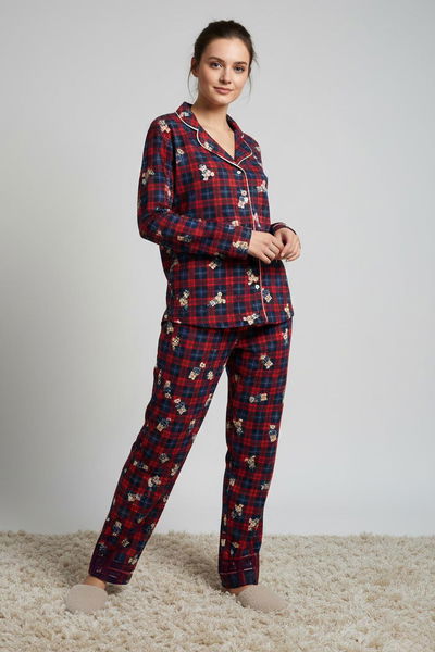 Ara Biyeli Baskılı Süet Pijama Takımı - 28179-KIRMIZI 