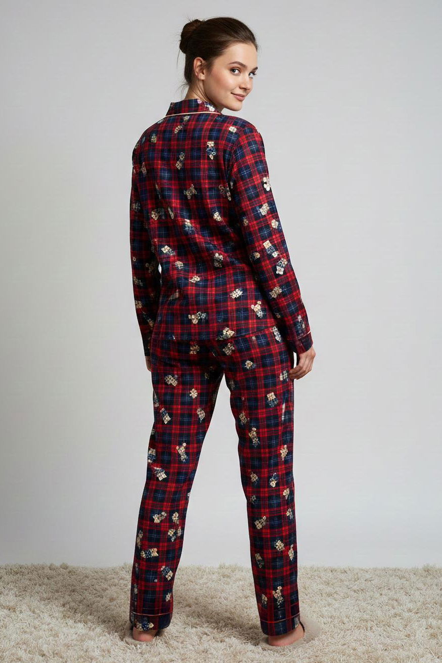 Ara Biyeli Baskılı Süet Pijama Takımı - 28179-KIRMIZI - 2