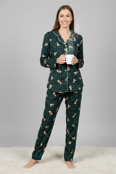 Ara Biyeli Baskılı Süet Pijama Takımı - 28179-ZUMRUT 