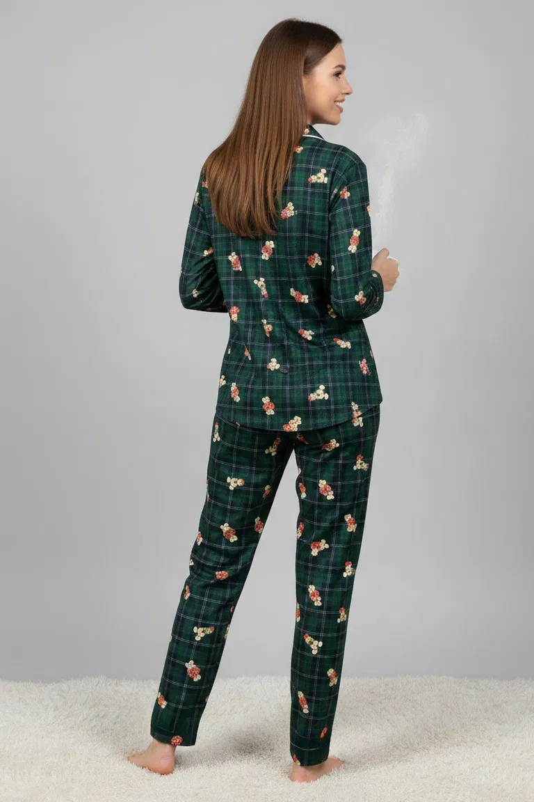 Ara Biyeli Baskılı Süet Pijama Takımı - 28179-ZUMRUT - TOFİSA