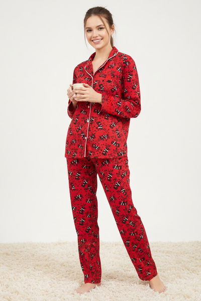 Ara Biyeli Baskılı Süet Pijama Takımı - 28180-KIRMIZI 