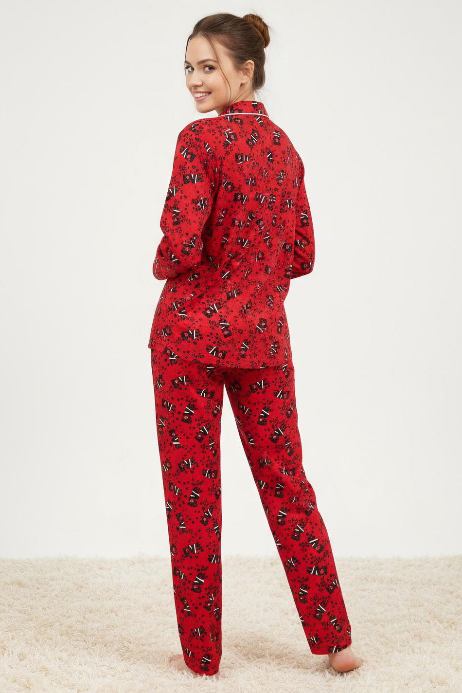 Ara Biyeli Baskılı Süet Pijama Takımı - 28180-KIRMIZI - 2